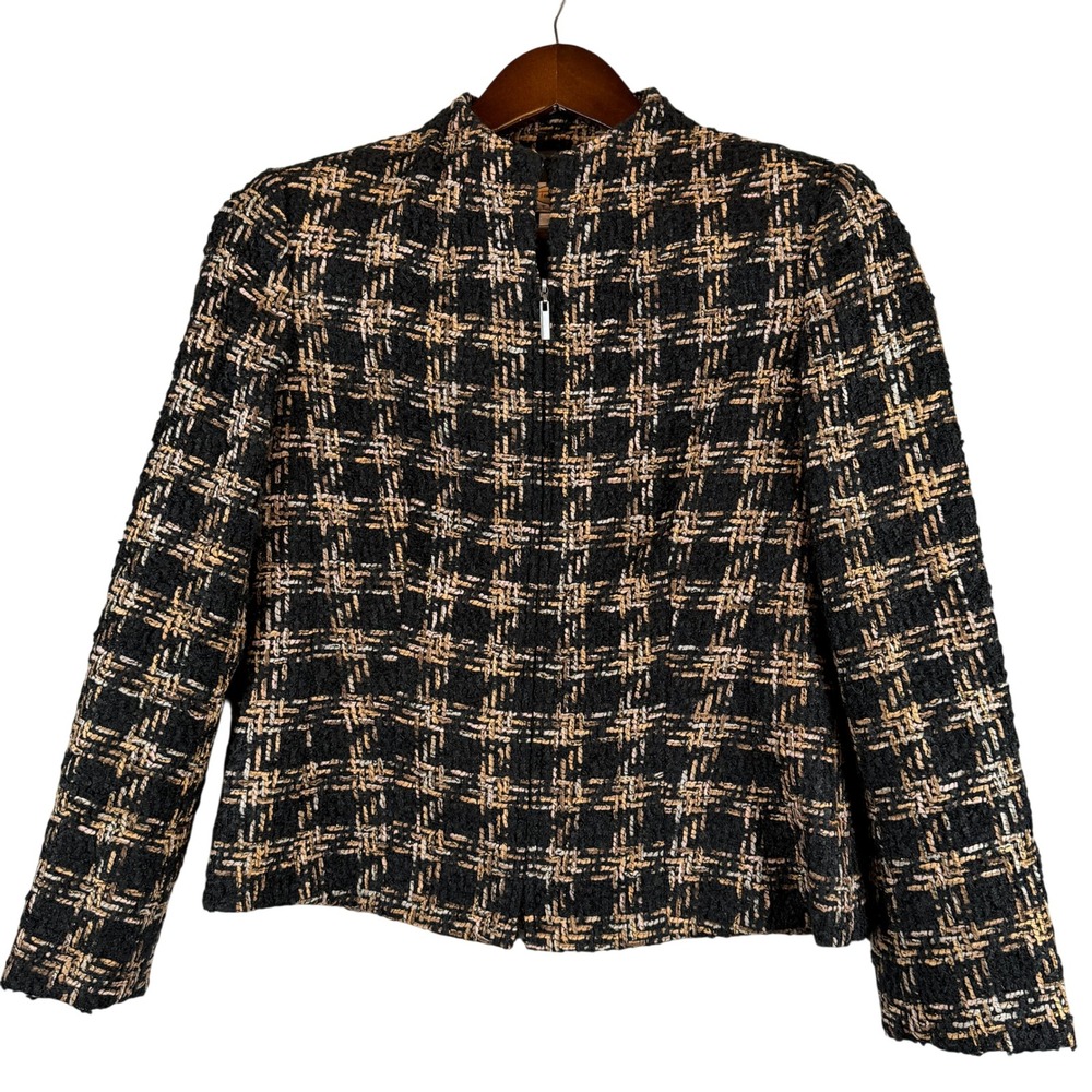 VINTAGE Talbots Petites 6 Black Tan Plaid Tweed Wool Mohair Zip Jacket Lined
